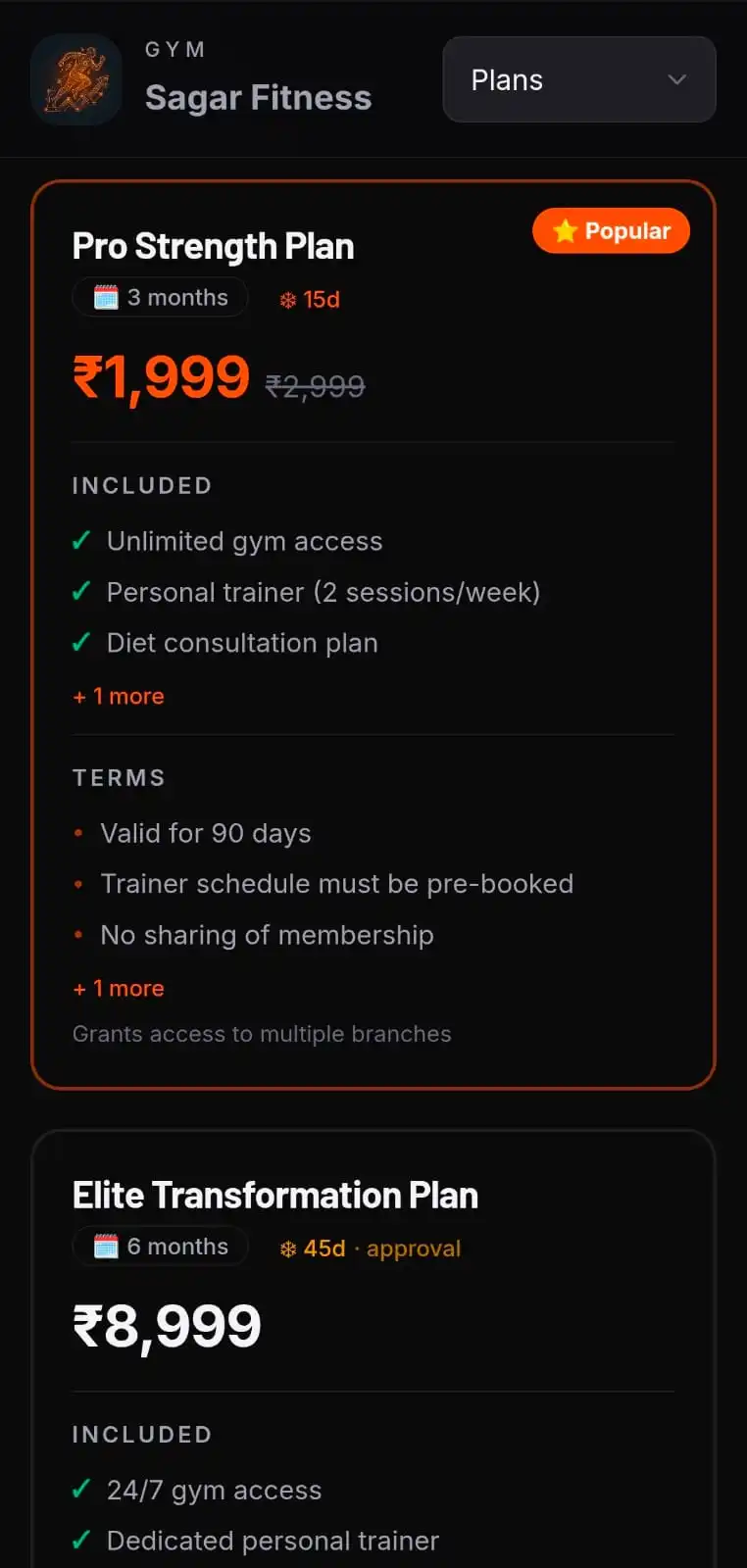 Mobile gym plan catalog for members browsing and joining on a phone
