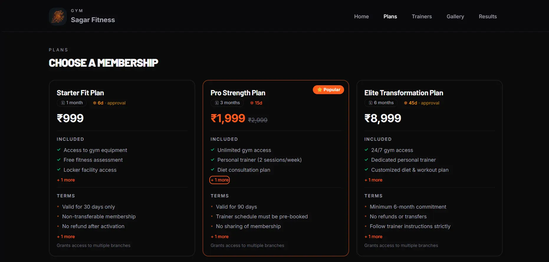 Desktop membership catalog with plans and pricing for gym members